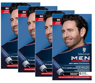 Men Perfect Gel tinta anti-grigio 90 nero (4 x 80 ml), colore per capelli da uomo dissolve i capelli grigi, tinta anti-grigia per un risultato naturale