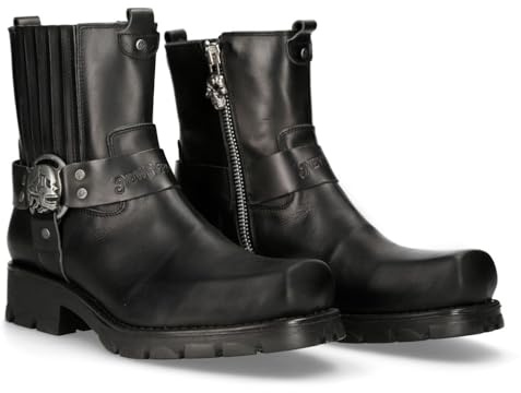 New Rock Botines motoristas unisex M-7605C-C1 de piel vacuno negra, suela de goma natural, tacón 5 cm, plataforma 2 cm, cierre con cremallera y correa, estilo motero premium talla 43