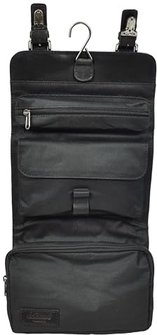 Handgefertigter Kulturbeutel für Herren, echtes Leder, zum Aufhängen, für Reisen, Übernachtung, Kulturbeutel, Schwarz , H: 17 x L: 23.5 x W: 7 cm, Kulturbeutel
