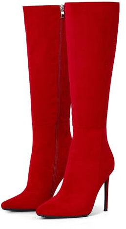 Elisabet Tang 4 inch Women's Knee High Long Boots, Stiletto Tall Pointed Toe Heeled Boot Leather Suede Comfortable Sexy Red Size 8