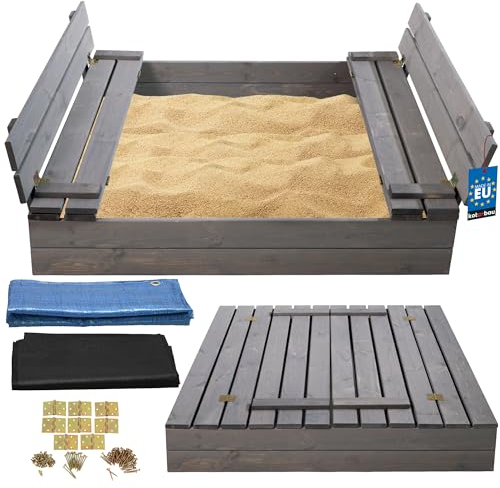 KOTARBAU® Sandkasten mit Abdeckung Sandkasten Holz 120x120 cm imprägniert mit Sitzbänken Grau Holzsandkasten Sandbox mit Deckel Sandkasten mit Deckel Holz Sandkiste mit Abdeckungen