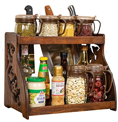 Under Sink Storage Kitchen Retro Solid Wood Kitchen Rack Double Spice Storage Rack Multi-function Knife Rack Cruet Storage Rack Kitchen Shelf Storage