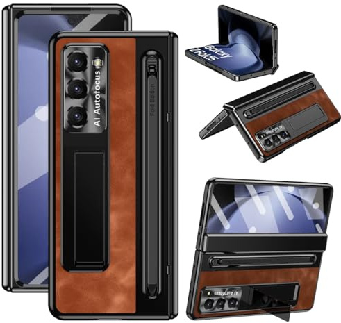 XIMAND Funda para Samsung Galaxy Z Fold 6 con Soporte Delgado para S-Pen y lápiz de capacitancia, función Atril Premium Jazz Retro al de Golpes Duro protección de bisagra de Pantalla -marrón