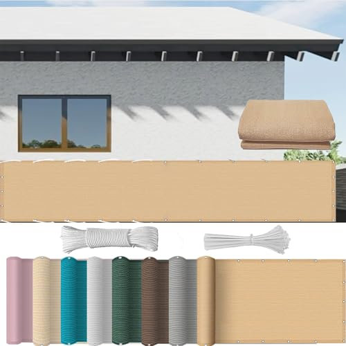 Malla Ocultacion Balcon 55 x 450 cm Protección de Privacidad, Anti-UV, Resistente a La Intemperie, Viento Toldo Lateral de Pantalla con Ataduras de Cables para Balcon, Amarillo Arena