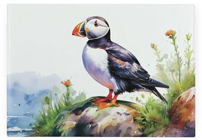 Puffins on The Rocks Rectangular Small Glass Worktop Saver - Coastal Sea Birds Kitchen Gifts - Smooth Chopping/Cutting Board Worktop Protector with Non-Slip Feet 28.5cm x 20cm (11 x 8)