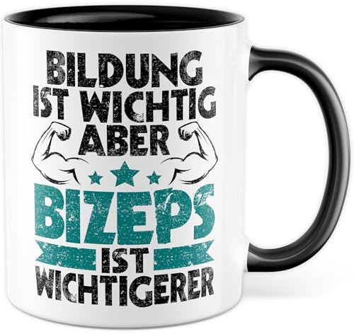 Gymrat Tasse mit Spruch - Bildung ist wichtig, aber Bizeps ist wichtiger - Kaffeetasse aus Keramik 330ml - Gymgänger Fitnessliebhaber Bodybuilder Fitnessstudio Fitnessbegeisterte Kaffee-Becher