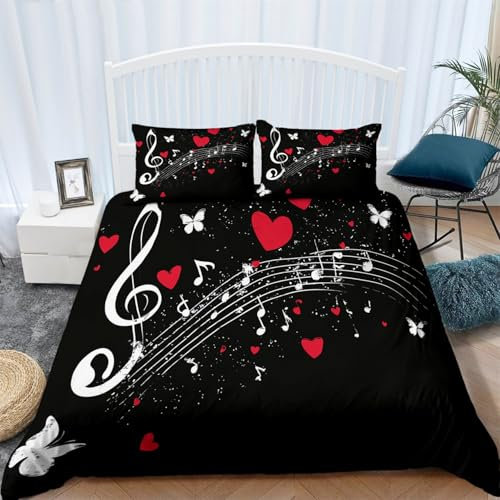 Nota musicale a forma di cuore a forma di farfalla Set copripiumino stampato, set di biancheria da letto ultra morbido Nero alla moda, con chiusura a cerniera 160 x 200 cm Copripiumino in microfibra