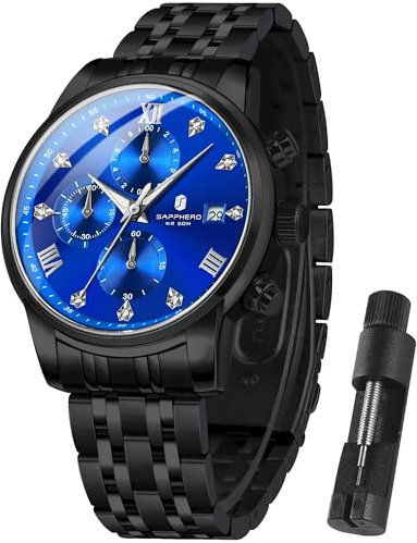 SAPPHERO Uhren Herrenuhr Edelstahl 50m Wasserdicht Armbanduhren Für Leuchtende Stilvolle Herren Geschenk Armbanduhr Datum Analog Quarz Armbanduhren Herren Schwarz-Blau