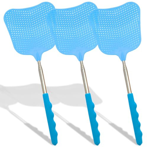 Bonsicoky Juego de 3 matamoscas de plástico resistente con mango de acero inoxidable para interiores y exteriores, color azul