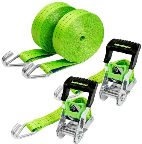 StarLeaparts Lot de 2 Sangles de Roue, 35mm x 6m, 2000kg, Sangles d'arrimage pour Transport Voiture, Sangle de Serrage Pneu, Sangle a cliquet Roue, Sangle de sécurité de Roue, Vert