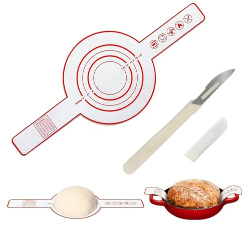 IKOPFLN 1 Stück Silikon Backmatte für Dutch, mit 1 x Brotschneider Wiederverwendbare Brotbackmatte Silikonmatte Antihaf & Leicht zu Reinigen Mit Extra langen Griffen Oval und Rund