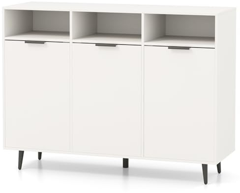 TANGZON Buffet Sideboard, Storage Cabinet with 3 Doors, 3 Open Compartments, Adjustable Shelves & 5 Metal Legs, Kitchen Cupboard Organiser for Dining Living Room Hallway, White, 120 x 40 x 90cm