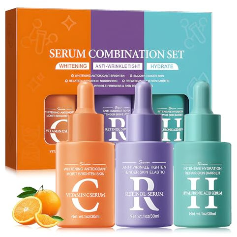 AllisWay Vitamine C Serum + Serum Acide Hyaluronique Visage + Retinol, Kit Sérum Visage Coffret Cadeau Hydratant, éclaircissant Et Réducteur de Ridules per Femme, épouse 30 ml*3