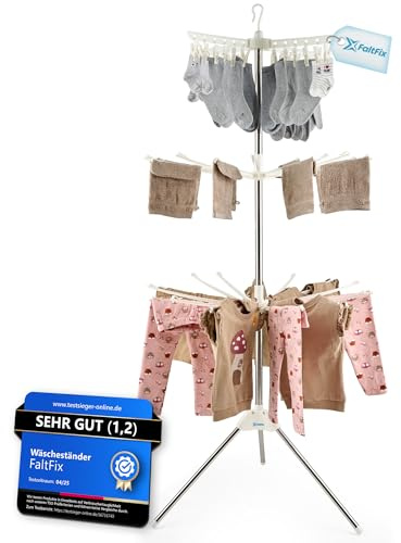 FaltFix Wäscheständer Turm platzsparend für Kleinwäsche Wäscheständer klappbar mit Sockenhalter Wäschespinne hoch Balkon Dusche innen und außen mit Wäscheklammern Turmwäscheständer schwarz weiß pink