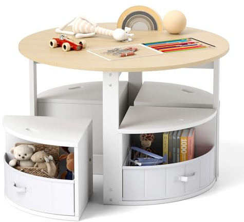 COSTWAY Set Tavolo e Sedie per Bambini a 5 Pezzi, Tavolino Rotondo Salvaspazio con 4 Sgabelli, Ripiano e 4 Cassetti in Tessuto, Set Mobili per Cameretta, Asilo e Disegnare (Naturale)