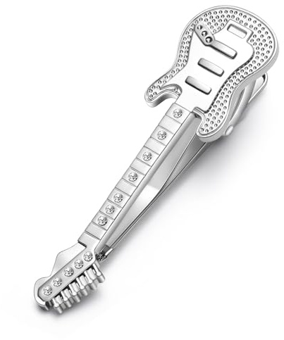 HONEY BEAR Clip Pasador de Corbata - 2.12inch Talla Normal Guitarra Música para Hombre Necktie Boda Negocio Regalo,5.4cm,Plata