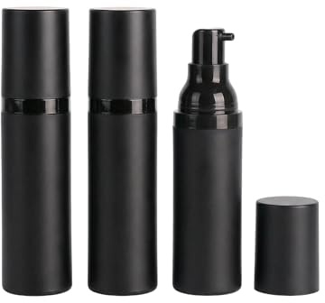Upstore 3 botellas de plástico negro sin aire de 50 ml, dispensadores de bomba de loción al vacío, contenedores de cosméticos recargables para base, crema, aceite esencial, suero