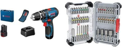 Bosch Professional 12V System Akku Schlagbohrschrauber GSB 12V-15 (inkl. 2x 2.0Ah Akku, Ladegerät, 10-tlg. Bitset, WerkzeugHandwerkoffer) + 43x Extra Hard Schrauberbit-Set (197 x 110,5 mm, Zubehör)