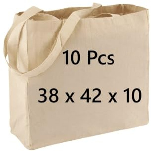 COTTON BAGS PACK OF 10 100% Cotton, 38 x 42 x10 secured long handle with double and cross stitch, Eco Friendly Shoppers, natural cotton shopping tote bags for groceries, Natural reusable shopping bag