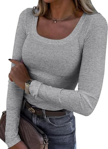 Cozyan Maglia Donna con Scollo Quadrato Elegante Maglietta a Maniche Lunghe Slim Fit Maglietta a Maniche Lunghe da Donna Maglia Girocollo Aderente Basic Top Costine Slim Fit Elegante T-Shirt