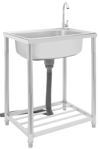 Fregadero móvil de acero inoxidable, fregadero de cocina independiente, lavabo individual, fregadero exterior con grifo, lavabo portátil para restaurante, lavandería, garaje, jardín (60 x 45 x 82 cm)