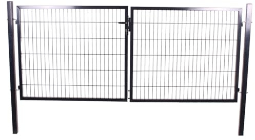 Galaflor - Doppelflügeltor Anthrazit 300x180cm Einstabmatte Hoftor | Zweiflügeliges Gittertor für Stabmattenzaun - Set mit Pfosten, Schloss, Bodenverriegelung & Zubehör - RAL 7016