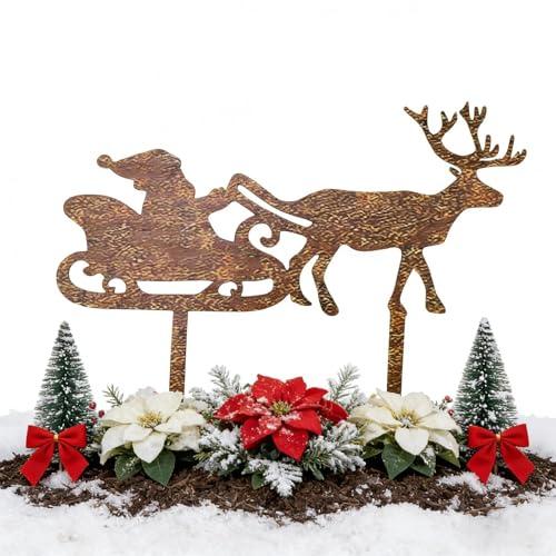 MYLERCT 25cm Gartenstecker Weihnachten, Schlitten mit Rentier in Rostoptik, Lustiges Roststecker Deko für Garten, Rost Deko Weihnachten für die Weihnachtsdeko, Vordertür, Garten, Rasen