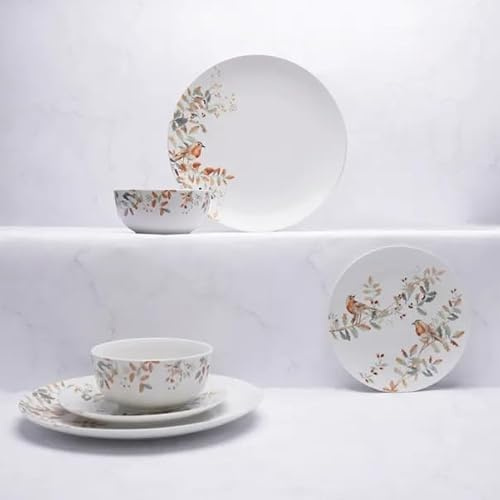 New Traditional Robin Design 12-Piece Porcelain Dinner Set – Festive Christmas Table Décor, Includes Dinner Plates, Side Plates & Cereal Bowls, Dishwasher & Microwave Safe -M43