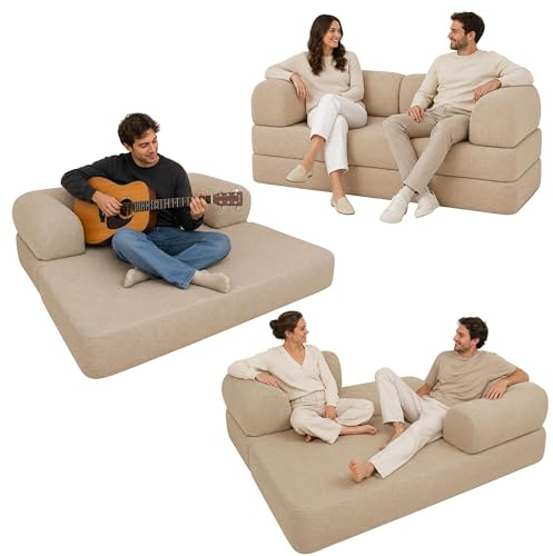 bananair - Sofá Cama de 2 Plazas Fabricado en Francia - Sofá Modular de Espuma de Alta Densidad y Tejido de Pana - Diseño Innovador Boneless, Enviado Comprimido (Beige)