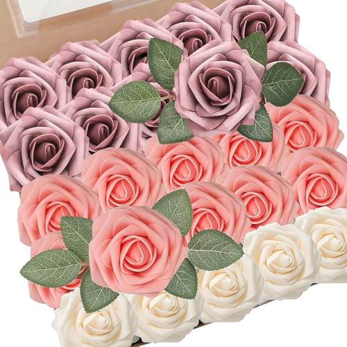 Coztie Künstliche Rosen 25 Stück Schaumrosen Champagnerfarbe Rosa Rosa lila