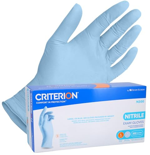 Henry Schein Criterion N300 Nitrile Exam Gloves, Large, Ice Blue – Case of 10 Boxes (300/Box, 3,000 Total) – Chemo Tested, Latex-Free, Chlorinated, 2.76 Mil, Non-Sterile