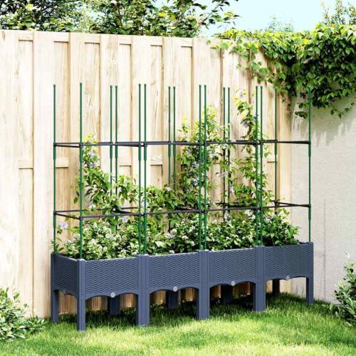Nqyjm Jardinière avec treillis en polypropylène Bleu Gris 160 x 40 x 142,5 cm Pot de fleurs avec support pour plantes grimpantes Pour extérieur, terrasse, jardin, balcon