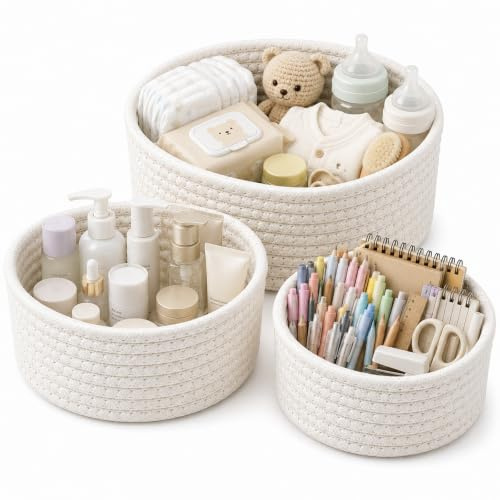 3er Set Aufbewahrungskorb, Geflochten Handgewebter Korb aus Baumwolle | Beige Kleine Körbchen für Ordnung, Ineinander Stapelbar, Deko Organizer für Wickeltisch, Schminktisch & Kinderzimmer