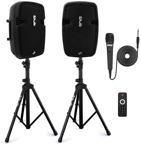 Pyle Pa Speaker System Active, Pa Speaker Set with Stands, 2 Bluetooth Dj Speakers, Wireless Portable Pa Systems, Loudspeaker Pair w/Mic, For Events, Parties, Conferences, DJ, Karaoke and more