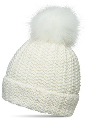 Caspar MU190 Damen Winter Mütze Strickmütze Bommelmütze mit großem Kunstfell Bommel, Größe:One Size, Farbe:wollweiß