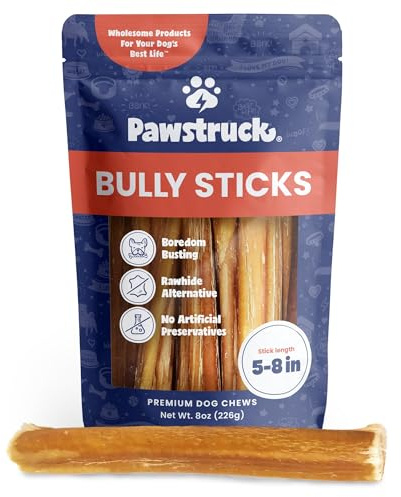 Pawstruck Natural 5-8 Bully Sticks for Dogs - Best Long-Lasting, Rawhide-Free, Low Odor Dental Chew Treat - Healthy Single Ingredient, 100% Real Beef - 8 oz Bag - Packaging May Vary