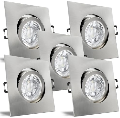 trendlights24 Carree LED Einbaustrahler flach 3 Stufen dimmbar 230V 5er Set | Edelstahl Optik, eckig, extra flach, 35mm ET, LED-Spot, 5W, 3 Step dimmbar, Neutralweiß, 4000k, Einbauleuchte, schwenkbar