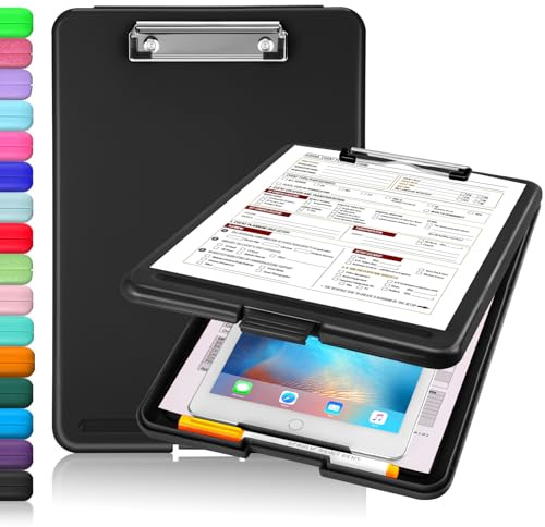 Sooez Clipboard with Storage, Plastic Storage Clipboards with Low Profile Clip, Nursing Clip Boards Foldable, Hanging Clipboard Case for Work, Teacher, Classroom Must Haves, Office School Supplies