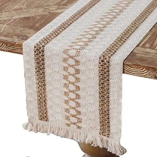 Boho Tischläufer Beige Leinen, Abwaschbar Vintage Makramee Tischläufer mit Quasten für Landhausstil Hochzeit Geburtstag Festlich Heim Küche Kaffee Tisch Dekoration, 30 x 275 cm