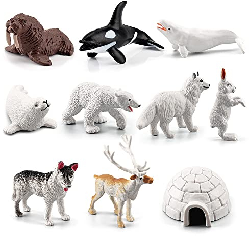 NatureMan Mini Arctic Animals Toys Set 10PCS Polar Animal Figurines Toy PlaysetIncludes Polar Bear Seal Reindeer Wolf Rabbit Arctic Fox Igloo for ToddlersBirthdayGift