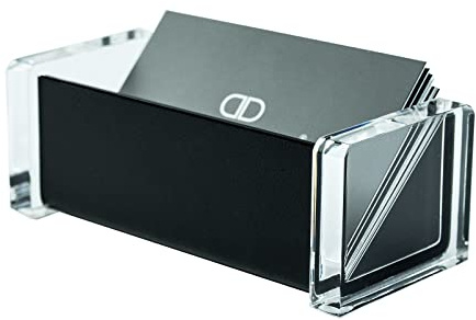 DELMON VARONE - Premium Visitenkartenhalter aus Acryl und Leder schwarz - Stilvoller Business Visitenkartenständer für Büro, Empfangsbereich oder Theke - Visitenkartenbox für Schreibtisch