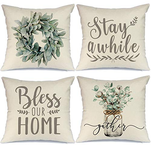 Farmhouse Decor Pillow Covers 20x20 Inch Set of 4 Lamb's Ear Grapevine Wreath Eucalyptus Vase Decorative Throw Pillow Covers Bless our Home Pillowcase Farm Decorations Pillow Case for Couch Sofa