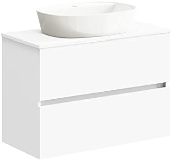Baikal Mueble de Baño Onyx, 2 cajones, suspendido en Pared, con Lavabo cerámico. Mueble Montado, Melamina 16,Mueble F39 + Top + Lavabo 80 cm Blanco