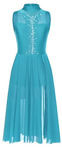 ranrann Femme Robe Danse Strass Justaucorps Robe Danse Latine Rumba Jazz Leotard Gymnastique Spectacle Dancewear S-XXL A Turquoise S