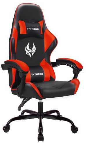 T-THREE.Ergonomic high-back gaming, computer, office, study, swivel, and racing-style chair with adjustable lumbar and headrest support, 150kg weight capacity, ideal for home office(Red)