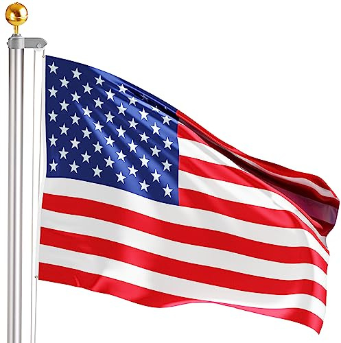 BRUBAKER Mât de Drapeau avec Drapeau des Etats-Unis et Pointe de Boule Or - Mât de 4 m en Aluminium avec Douille de Sol pour Le Jardin et Le Camping + Drapeau des Etats-Unis 150 x 90 cm
