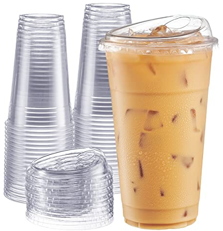 GUSTO Clear Plastic Cups with Lids [24 oz - 100 Count - Disposable Iced Coffee Drink Cups with Strawless Sip Lids for Smoothies, Juices, and More - (Formerly Comfy Package)