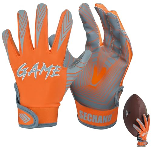 SECHAND Youth Football Gloves, Orange Flag Football Glove for Youth Kids Boys Girls Age 5-8, Sticky Reciver Gloves