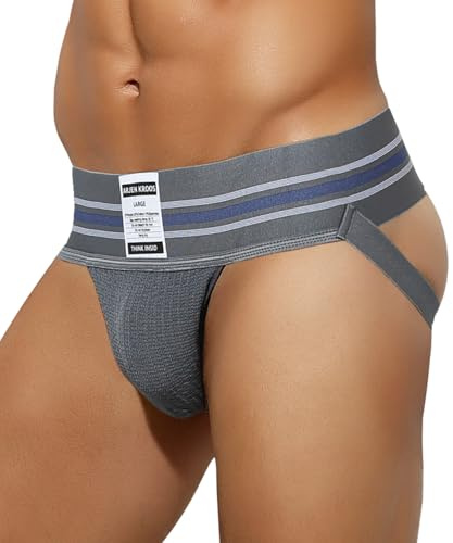 Arjen Kroos Men's Jockstrap Athletic Support Jock Strap with 3 Elastic Waistband & Ventilated Pouch for Gym/Sports Grey