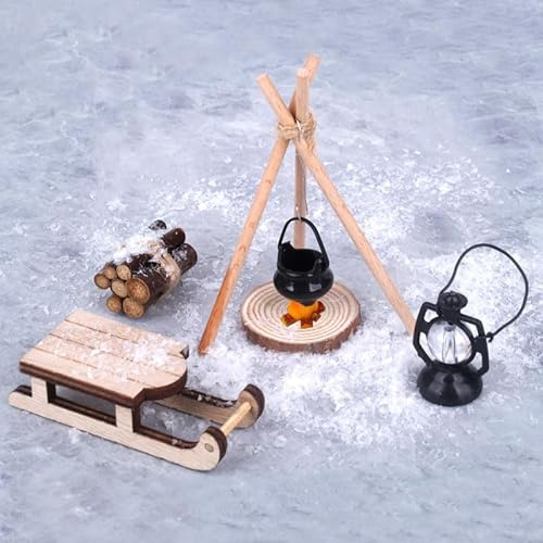 Miniatur Puppenhaus Wichtel Zubehör Weihnachten, Wichtel Schlitten Holz Feuerstelle Miniatur Weihnachten Lagerfeuer Krippe Zubehö (Holzfarbe)